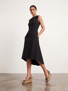 PRADA Beige Canvas and Black Leather Open-Toe Slingback Wedge Sandals - SZ35.5